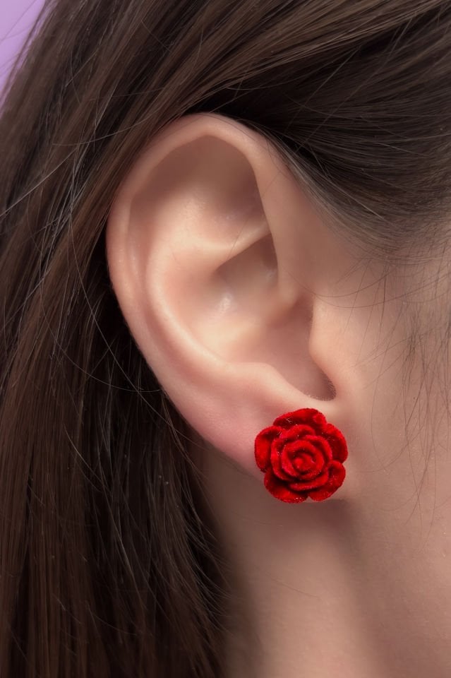 Kırmızı Gül Desenli İgne Küpe