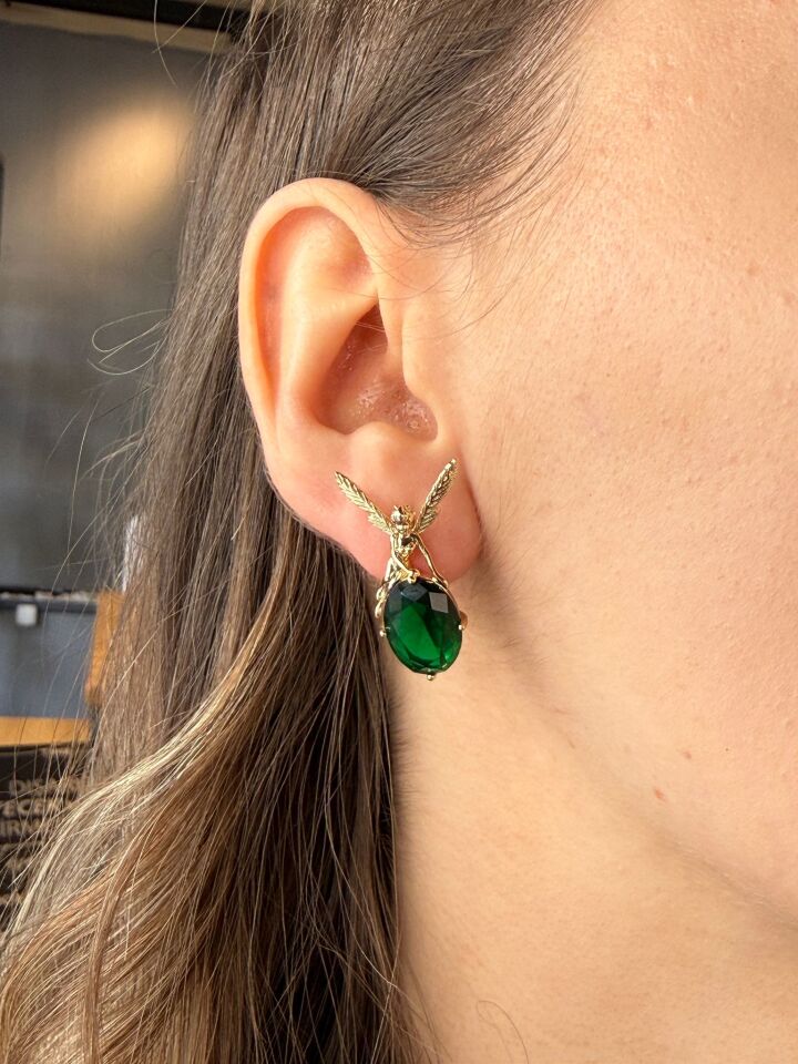 LvLv XP Yeşil Taşlı Gold Rengi Melek Küpe 1001