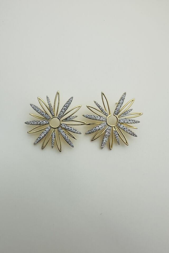 LvLv İki Renkli Zirkon Taşlı Çiçek Model Tasarım İğne Küpe