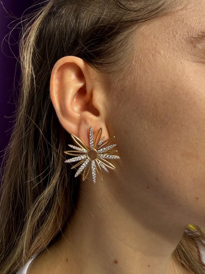 LvLv İki Renkli Zirkon Taşlı Çiçek Model Tasarım İğne Küpe