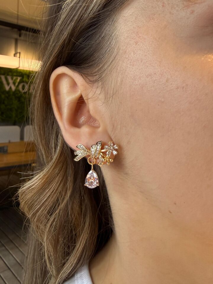 LvLv XP Gold Rengi Düğüm Model Çiçek Desenli Taş Sallantılı Tasarım Küpe