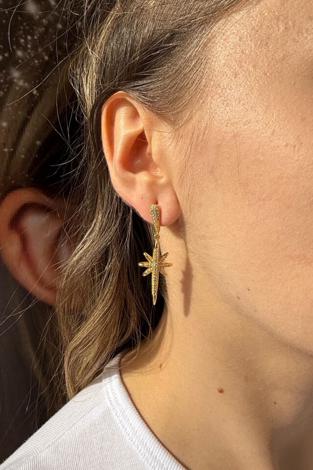 LvLv Gold Rengi Kuzey Yıldızı Zirkon Taşlı Sallantılı İğne Küpe