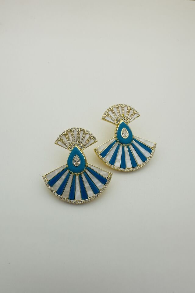 LvLv Gold Rengi Zirkon Taşlı Mavi-Beyaz Mineli Yelpaze Model