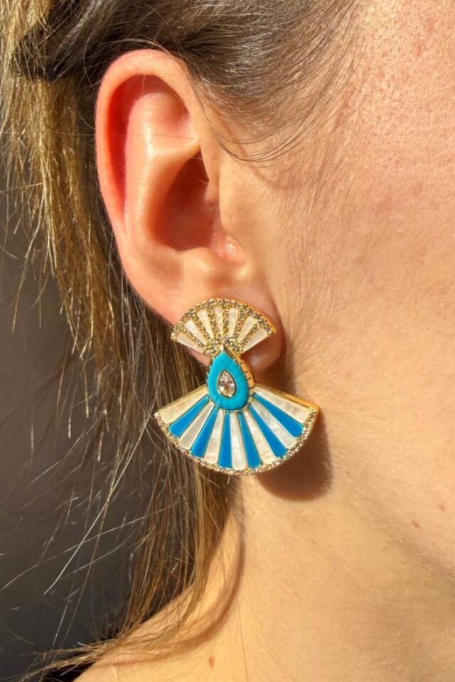 LvLv Gold Rengi Zirkon Taşlı Mavi-Beyaz Mineli Yelpaze Model