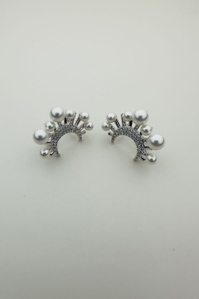 LvLv XP Gümüş Rengi İnci Detaylı Zirkon Taşlı Ay Model Oval Halka Küpe