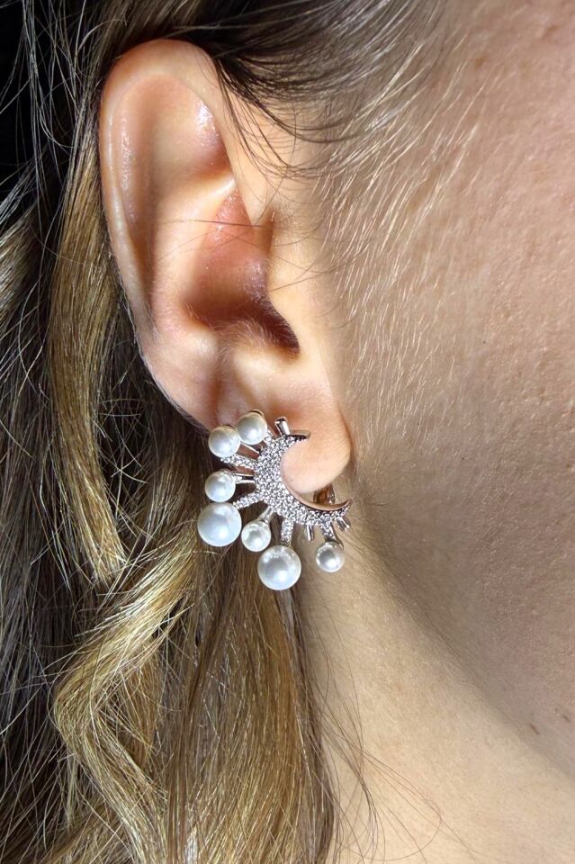 LvLv XP Gümüş Rengi İnci Detaylı Zirkon Taşlı Ay Model Oval Halka Küpe