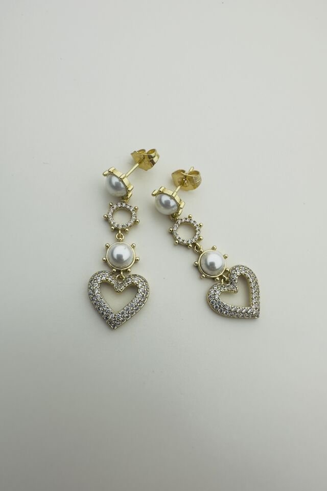 LvLv XP Gold Rengi İnci Detaylı Zirkon Taşlı Kalpli Sallantılı İğne Küpe