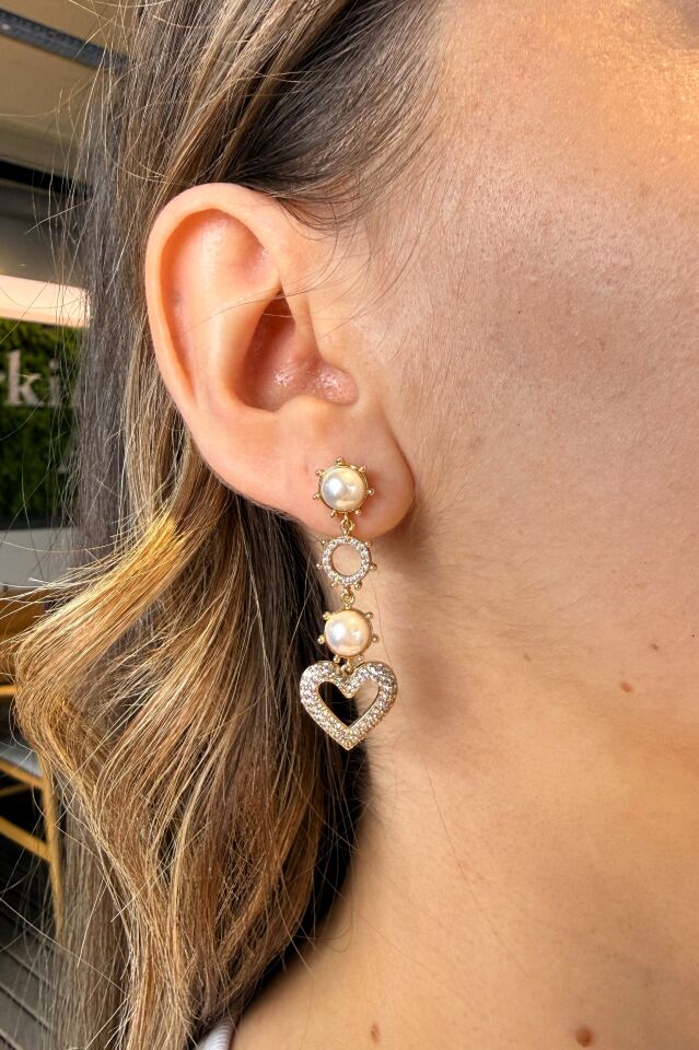 LvLv XP Gold Rengi İnci Detaylı Zirkon Taşlı Kalpli Sallantılı İğne Küpe