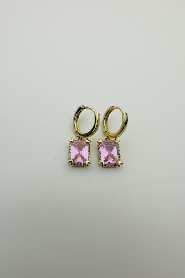 LvLv Gold Rengi Baget Pembe Taşlı Salantılı Halka Küpe