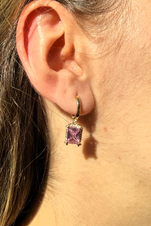 LvLv Gold Rengi Baget Pembe Taşlı Salantılı Halka Küpe