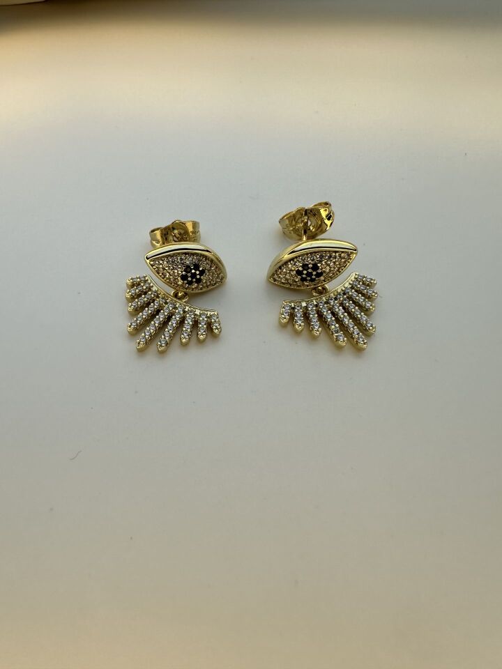 LvLv XP Gold Rengi Siyah Çiçek Detaylı Göz Model Sallantılı İğne Küpe