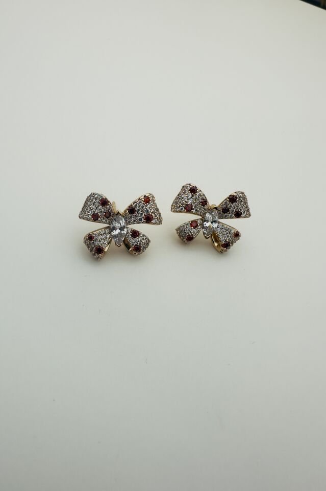 LvLv XP Rose Rengi Kırmızı Puantieli Büyük Taş Detaylı Zirkon Taşlı İğne Küpe