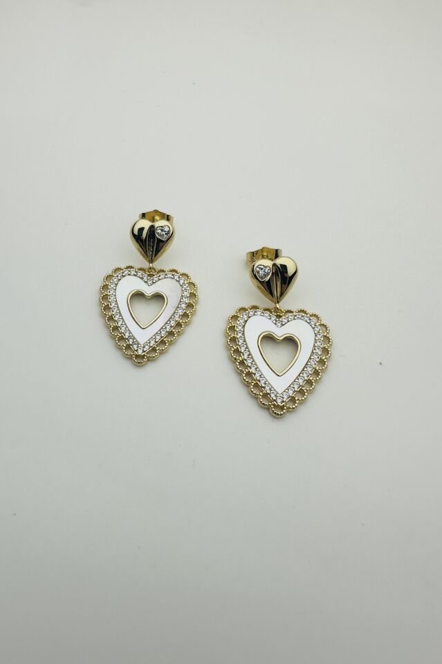 LvLv XP Gold Rengi Sedefli Zirkon Taşlı Kalpli Sallantılı İğne Küpe