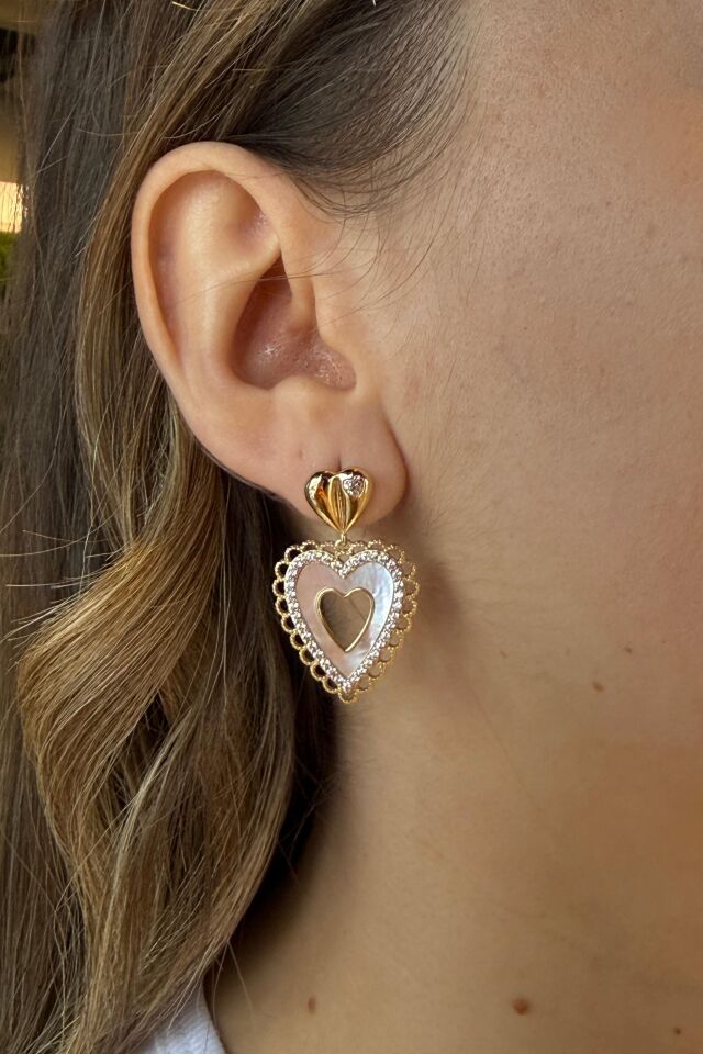 LvLv XP Gold Rengi Sedefli Zirkon Taşlı Kalpli Sallantılı İğne Küpe