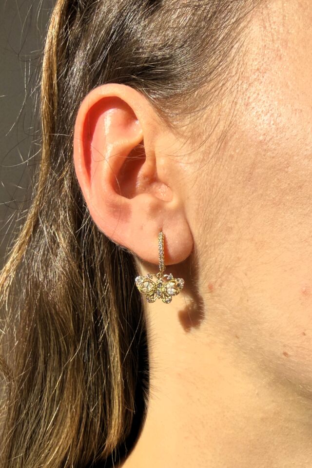 LvLv Gold Rengi Zirkon Taşlı Kelebek Model Sallantılı Halka Küpe