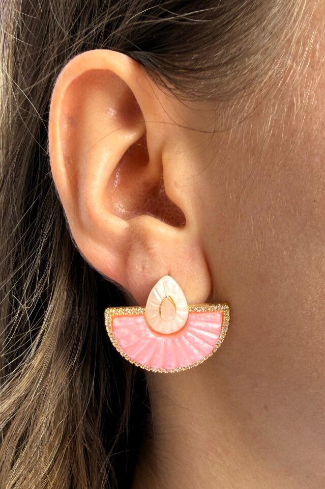 LvLv Gold Rengi Zirkon Taşlı Pembe-Beyaz Mineli Yelpaze Model İğne Küpe