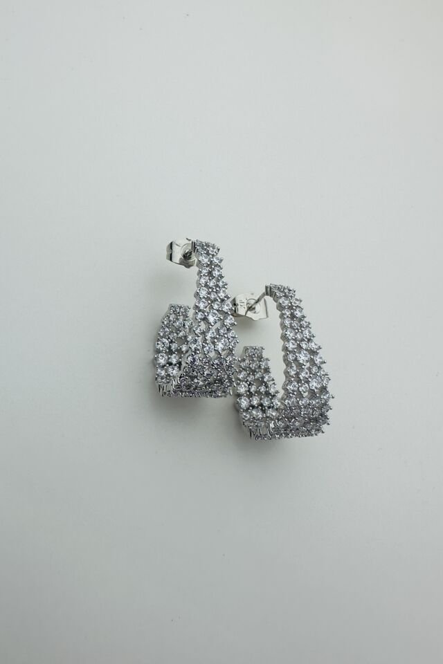 LvLv XP Gümüş Rengi Parlak Zirkon Taşlı Oval İğne Küpe