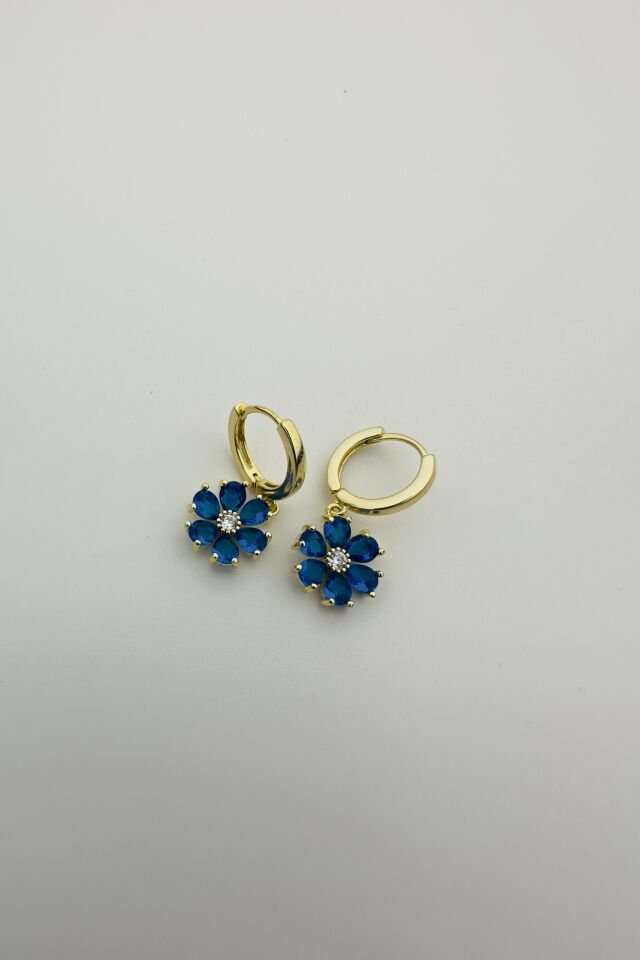 LvLv Gold Rengi Lacivert Taşlı Çiçek Model Sallantılı Halka Küpe