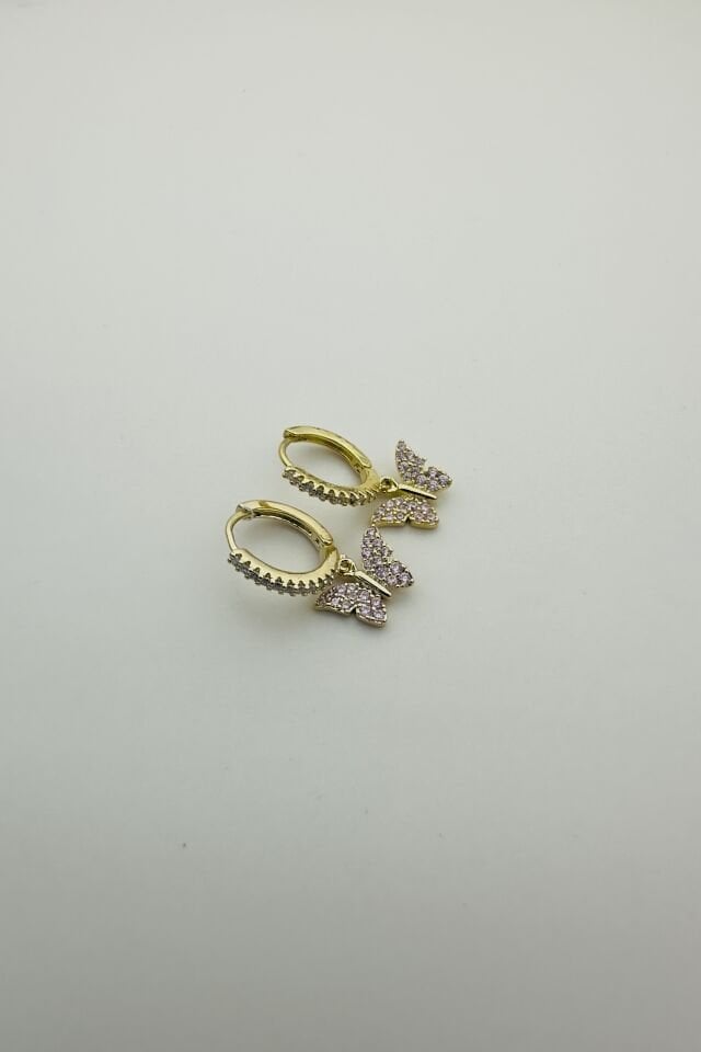 LvLv Gold Rengi Pembe Taşlı Kelebek Model Sallantılı Halka Küpe