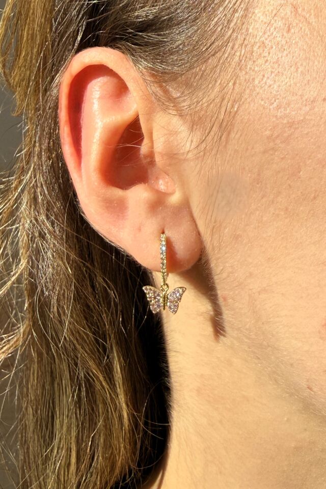 LvLv Gold Rengi Pembe Taşlı Kelebek Model Sallantılı Halka Küpe