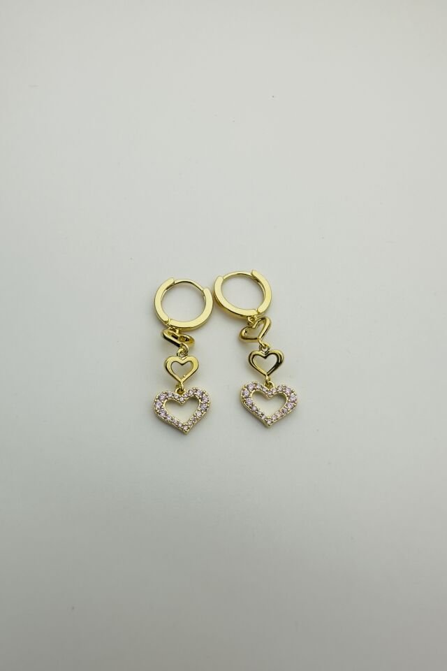 LvLv Gold Rengi Pembe Zirkon Taşlı Sıralı Kalp Model Sallantılı Halka Küpe