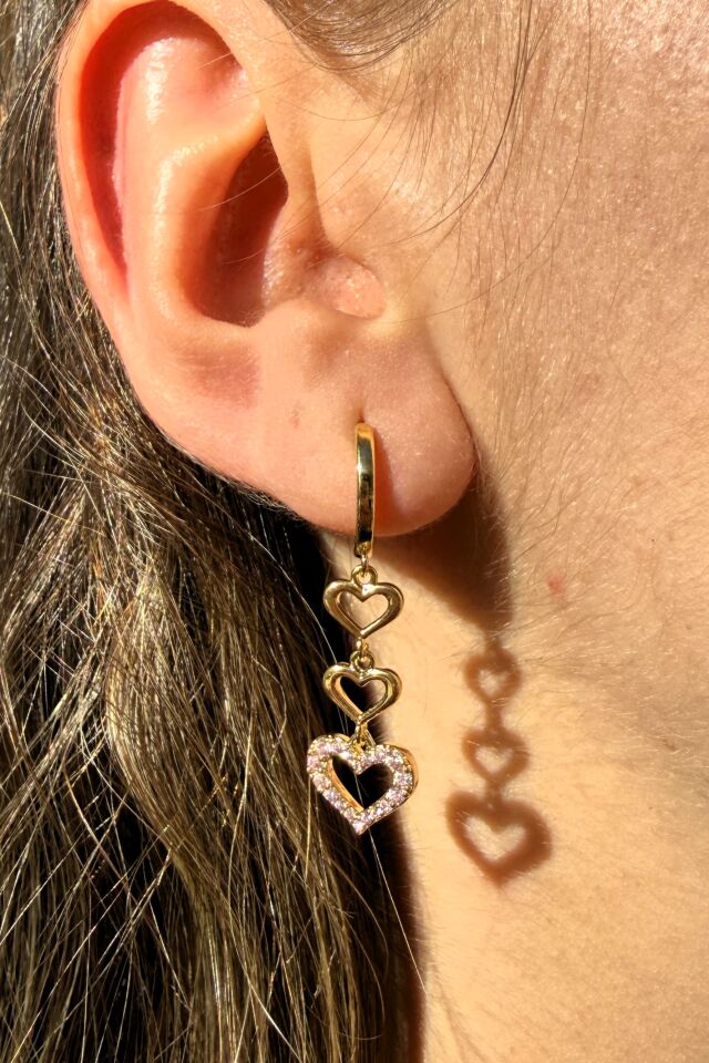 LvLv Gold Rengi Pembe Zirkon Taşlı Sıralı Kalp Model Sallantılı Halka Küpe