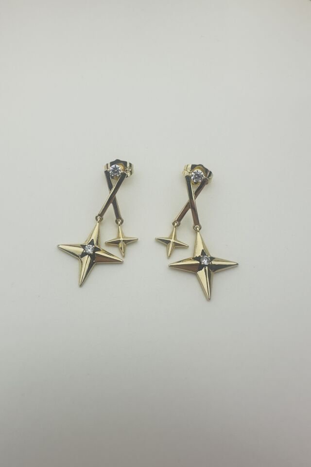 LvLv XP Gold Rengi Siyah Yıldız Detaylı Sallantılı Kuzey Yıldızı Çoklu Görünüm Tasarım Küpe