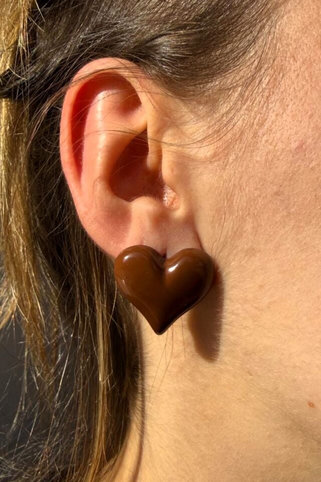 LvLv Kahverengi Kalp Şeklinde Bombeli İğne Küpe