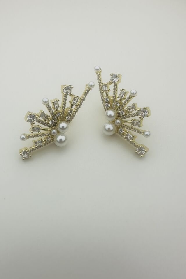 LvLv Gold Rengi İncili Parlak Taşlı Özel Seri Tasarım İğne Küpe