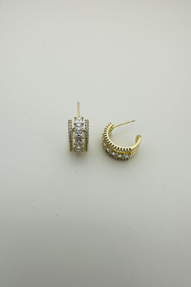 LvLv XP Gold Rengi Zirkon Taşlı Tasarım İğne Küpe