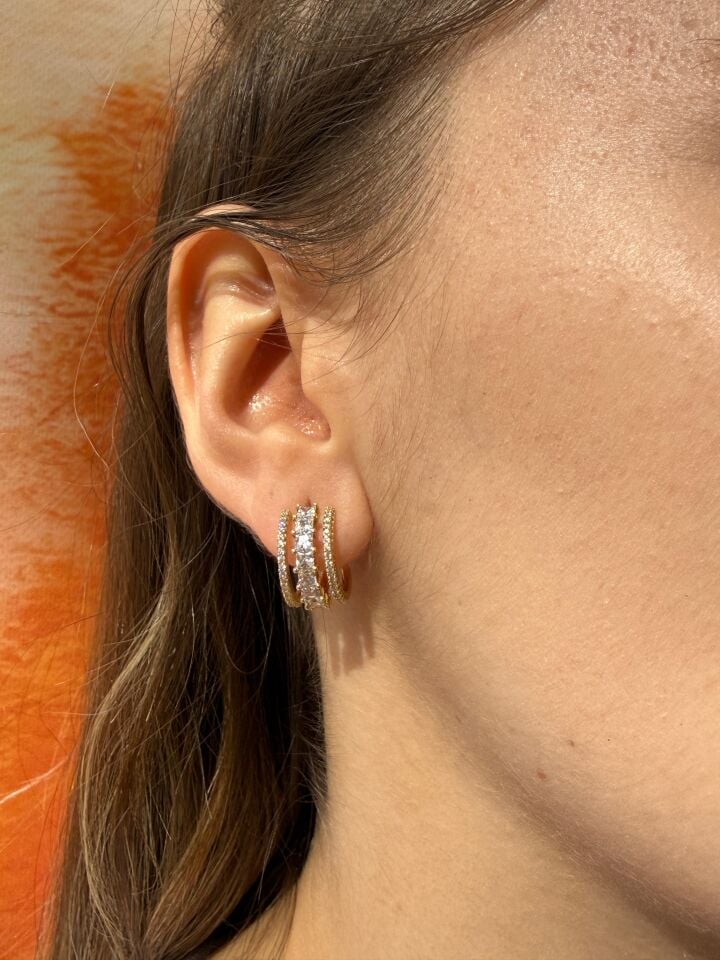 LvLv XP Gold Rengi Zirkon Taşlı Tasarım İğne Küpe