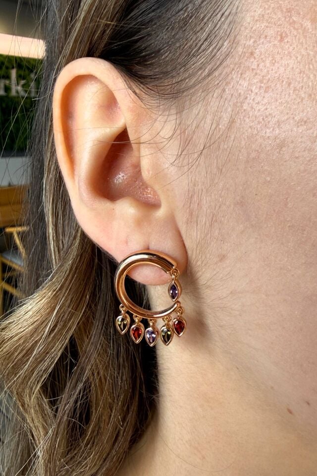 LvLv XP Rose Rengi Renkli Taş Sallantılı C Küpe