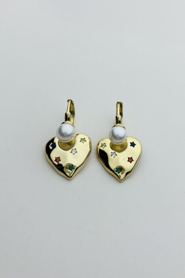 LvLv XP Gold Rengi Renkli Yıldız Detaylı İncili Sallantılı Halka Küpe