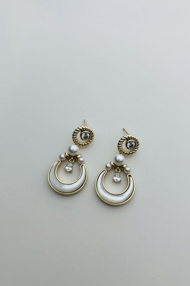 LvLv XP Gold Rengi Sedef Taşlı İnci Detalı Taşlı Sallantılı İğne Küpe