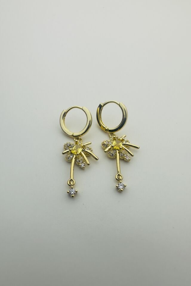 LvLv Gold Rengi Özel Tasarım Sarı Taşlı Sallantılı Halka Küpe