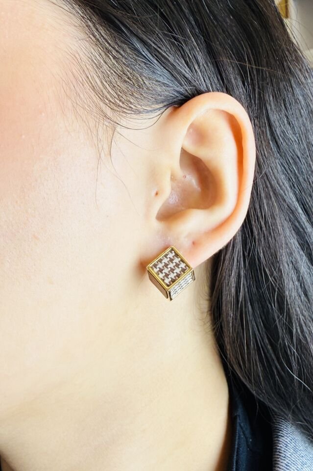 LvLv Gold Rengi Kahverengi Desenli Küp Model Tasarım İğne Küpe