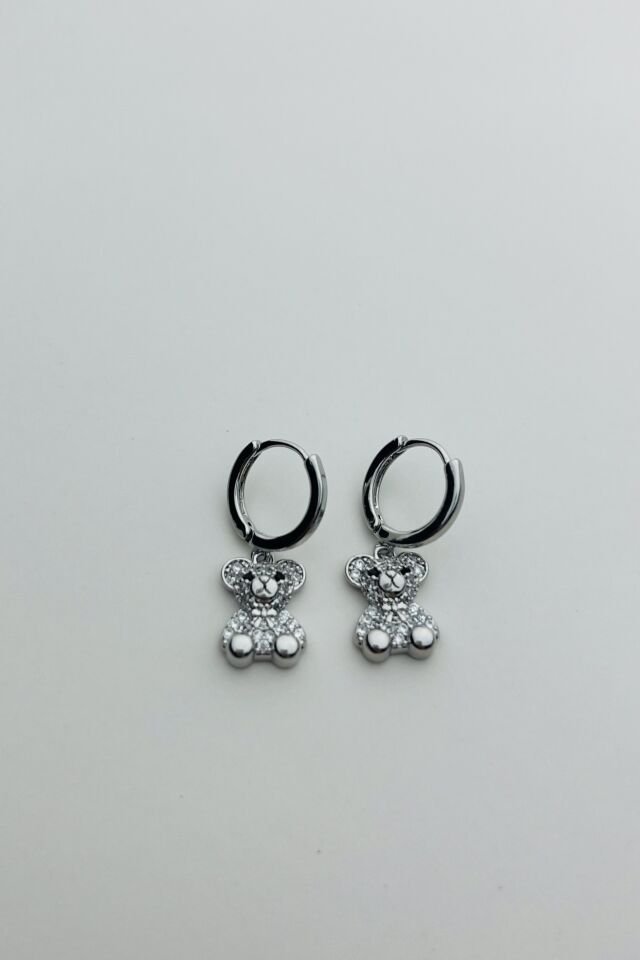 LvLv Gümüş Rengi Ayıcık Model Sallantılı Halka Küpe