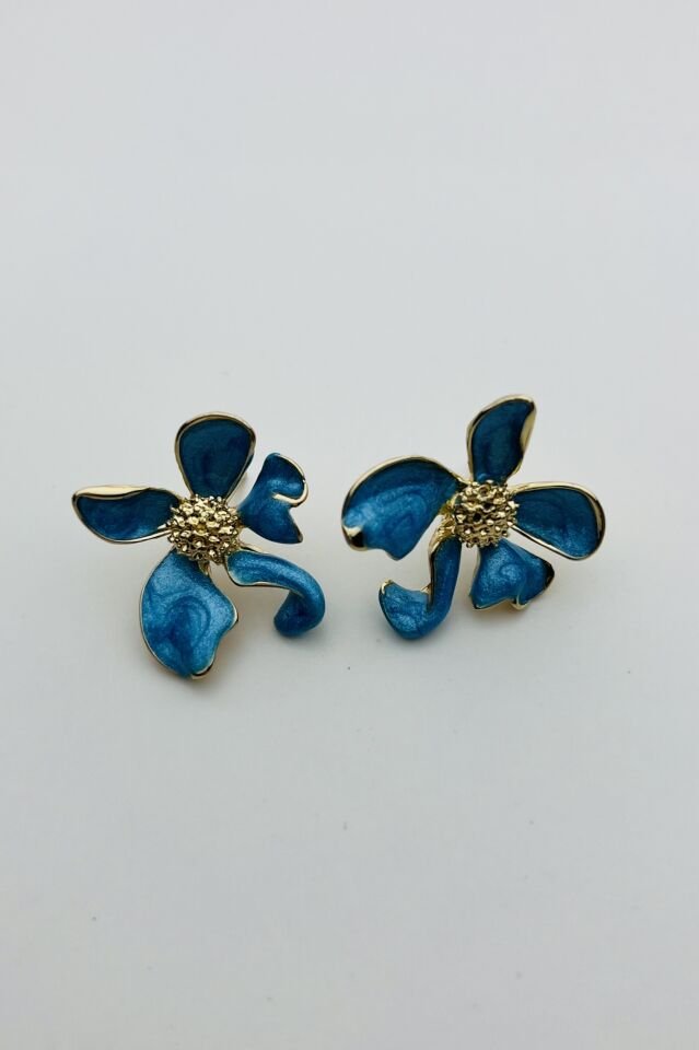 LvLv Gold Rengi Mavi Mineli Çiçek Desenli Çelik İğne Küpe