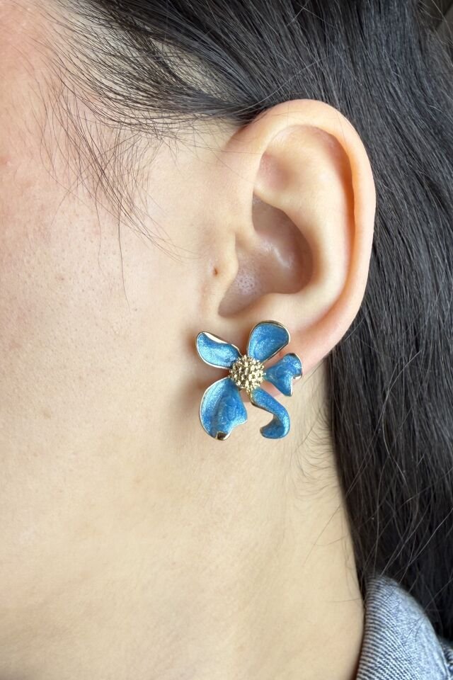 LvLv Gold Rengi Mavi Mineli Çiçek Desenli Çelik İğne Küpe