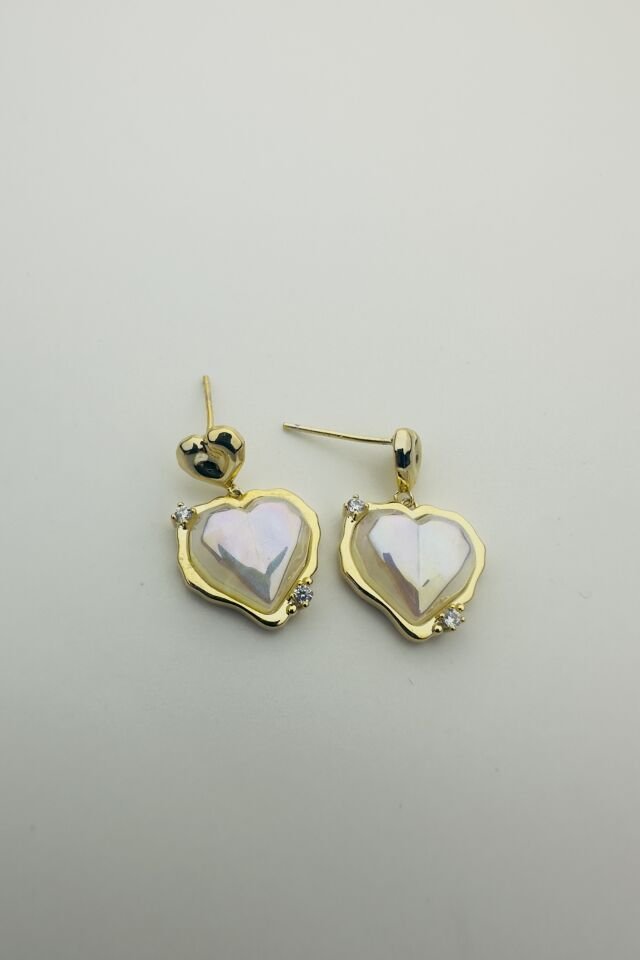 LvLv Gold Rengi Sedefli Kalp Sallantılı Tasarım Küpe