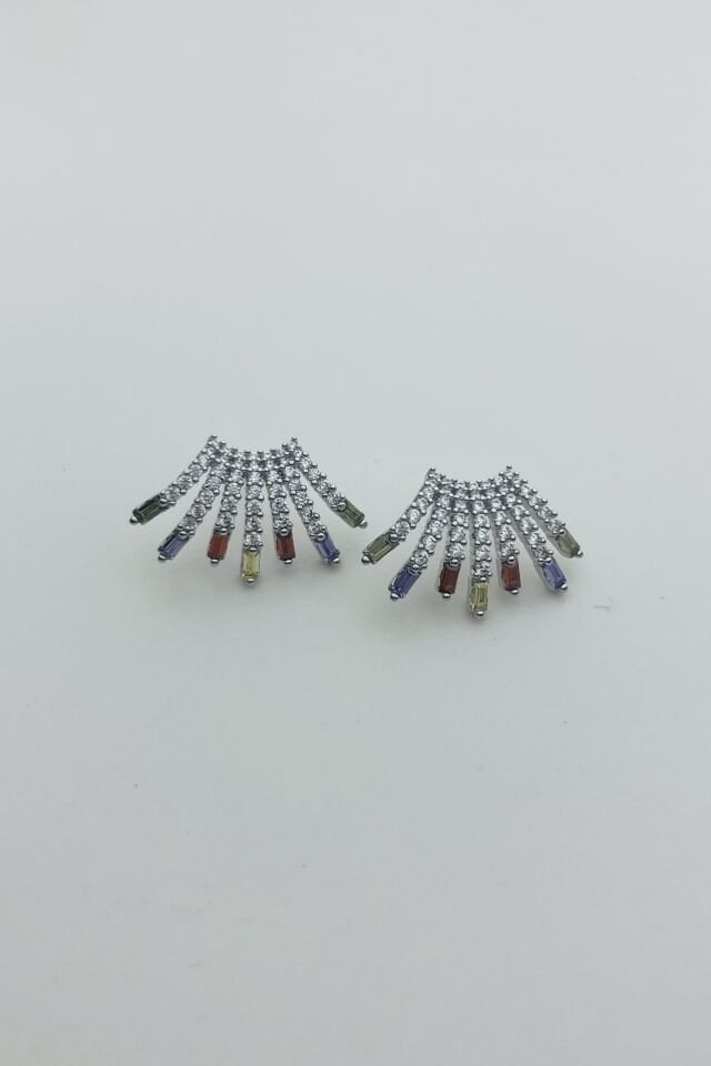 LvLv XP Gümüş Rengi Renkli Taş Detaylı Zirkon Taşlı Çoklu Görünüm İğne Küpe