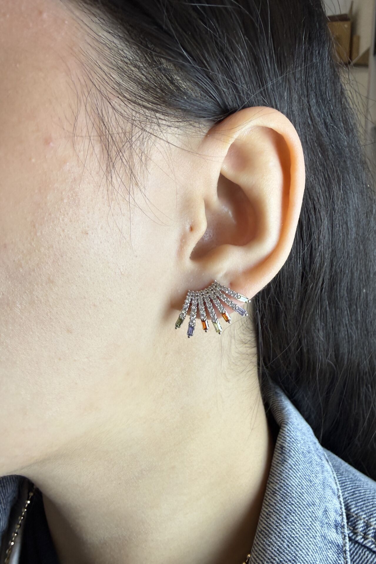 LvLv XP Gümüş Rengi Renkli Taş Detaylı Zirkon Taşlı Çoklu Görünüm İğne Küpe