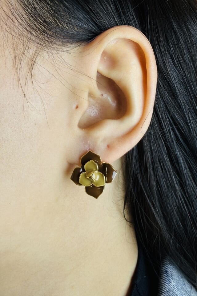 LvLv Gold Rengi Kahve Tonları Mineli Çiçek Desenli Tasarım İğne Küpe