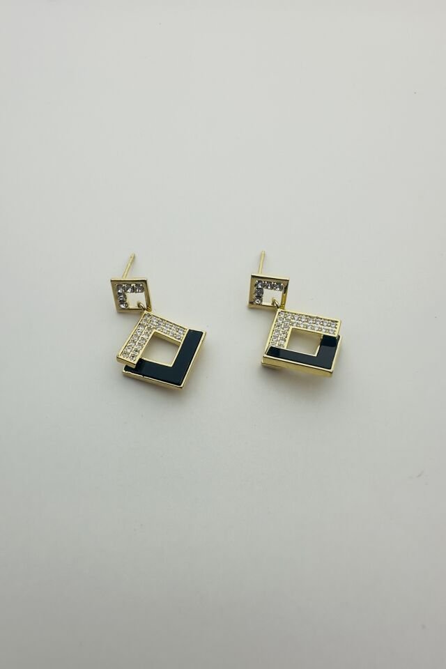 LvLv Gold Rengi Zirkon Taşlı Siyah Mineli Kare Desenli Sallantılı İğne Küpe