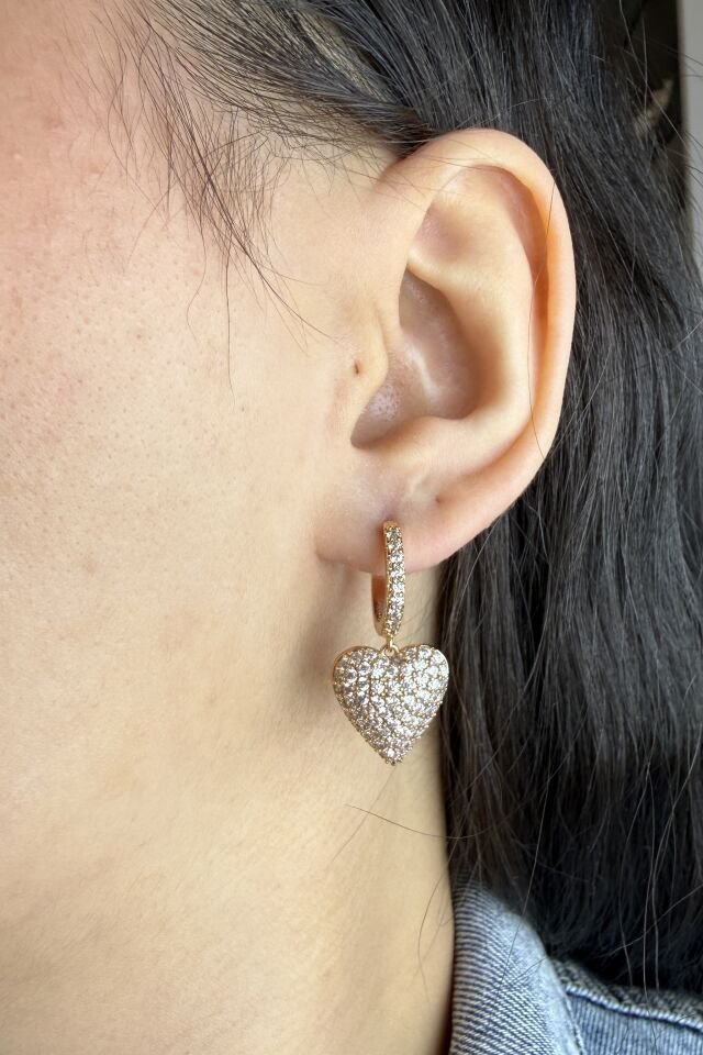 LvLv XP Rose Rengi Zirkon Taşlı Kalpli Sallantılı Halka Küpe