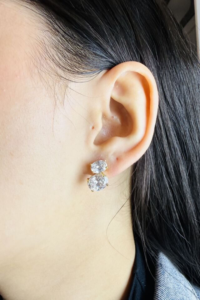 LvLv Gold Rengi Parlak İkili Taş Özel Tasarım Küpe