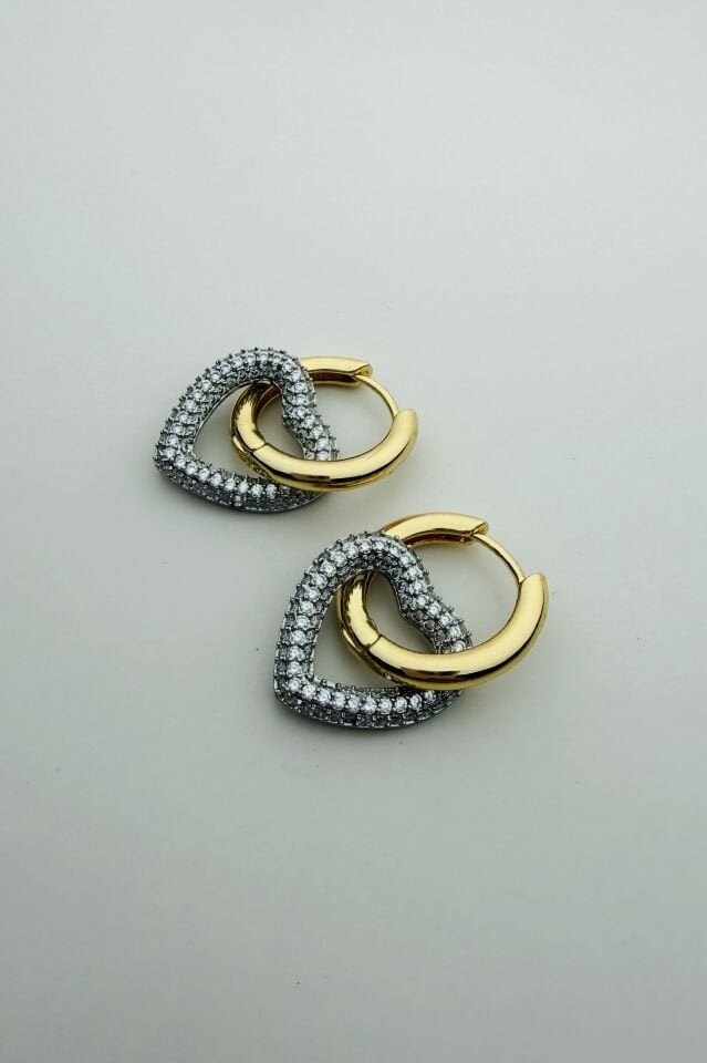 LvLv İki Renkli Kalp Sallantılı Zirkon Taşlı Özel Halka Küpe