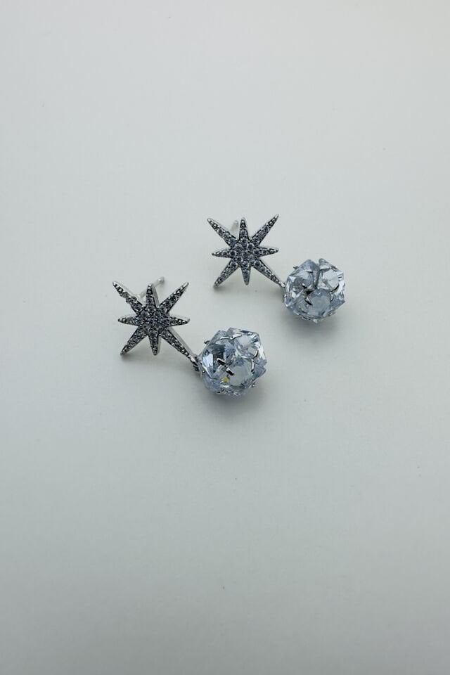 LvLv Gümüş Rengi Parlak Taş Sallantılı Kuzey Yıldızı Model Tasarım İğne Küpe