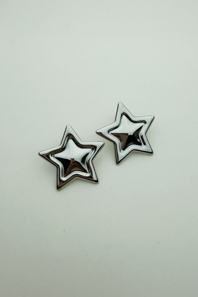 LvLv Gümüş Rengi Kabartmalı Yıldız Şekilli Çelik Plaka Küpe