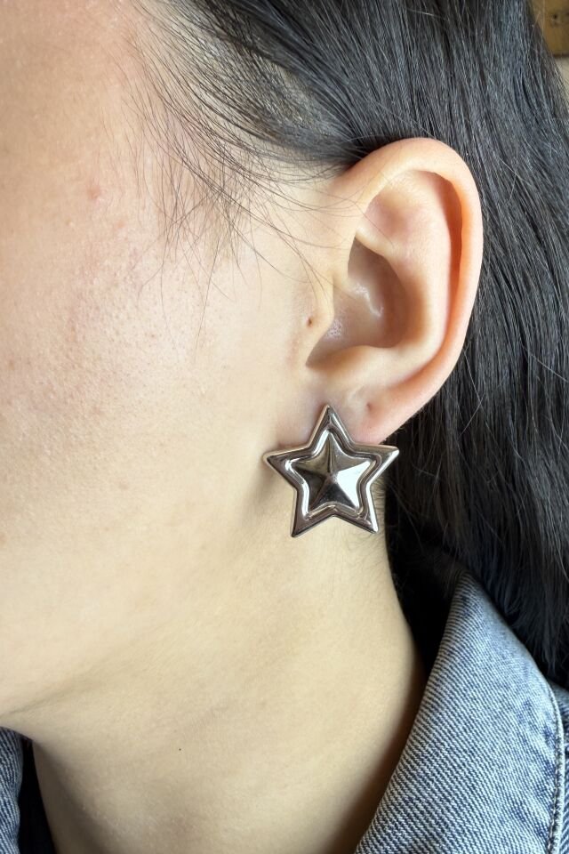 LvLv Gümüş Rengi Kabartmalı Yıldız Şekilli Çelik Plaka Küpe